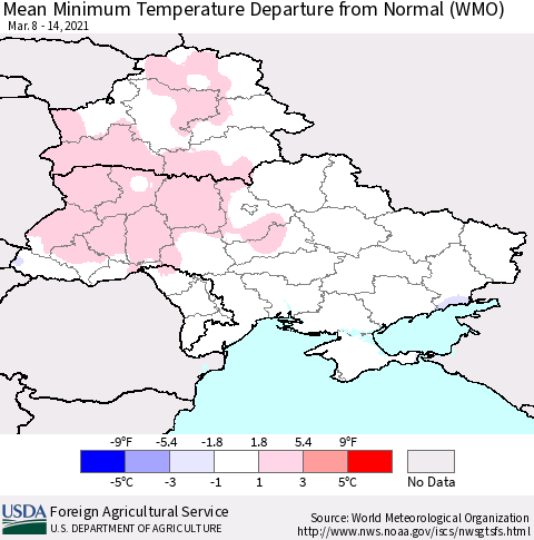 Ukraine, Moldova and Belarus Minimum Temperature Departure From Normal (WMO) Thematic Map For 3/8/2021 - 3/14/2021