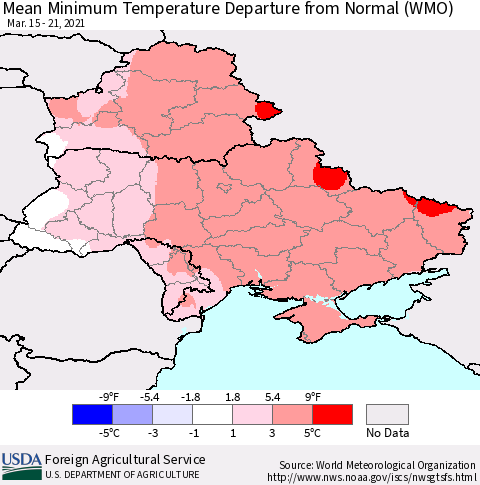 Ukraine, Moldova and Belarus Mean Minimum Temperature Departure from Normal (WMO) Thematic Map For 3/15/2021 - 3/21/2021