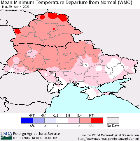 Ukraine, Moldova and Belarus Mean Minimum Temperature Departure from Normal (WMO) Thematic Map For 3/29/2021 - 4/4/2021