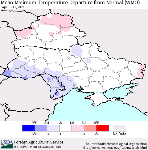 Ukraine, Moldova and Belarus Mean Minimum Temperature Departure from Normal (WMO) Thematic Map For 4/5/2021 - 4/11/2021
