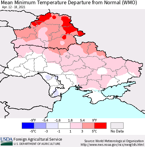 Ukraine, Moldova and Belarus Mean Minimum Temperature Departure from Normal (WMO) Thematic Map For 4/12/2021 - 4/18/2021