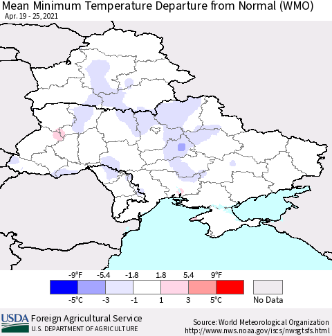 Ukraine, Moldova and Belarus Minimum Temperature Departure From Normal (WMO) Thematic Map For 4/19/2021 - 4/25/2021