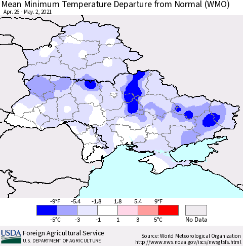 Ukraine, Moldova and Belarus Mean Minimum Temperature Departure from Normal (WMO) Thematic Map For 4/26/2021 - 5/2/2021