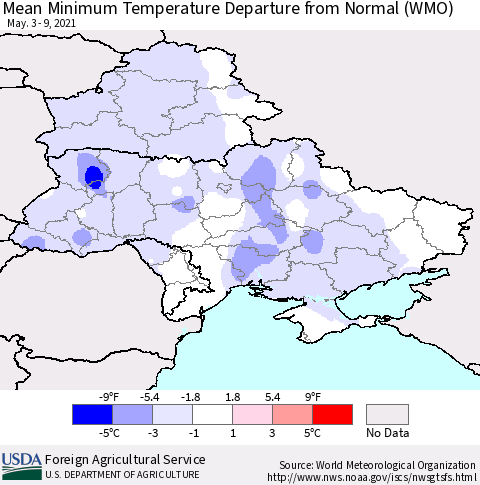 Ukraine, Moldova and Belarus Mean Minimum Temperature Departure from Normal (WMO) Thematic Map For 5/3/2021 - 5/9/2021