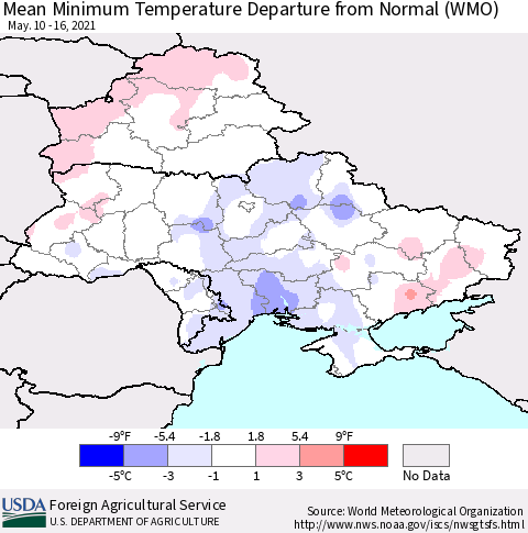 Ukraine, Moldova and Belarus Mean Minimum Temperature Departure from Normal (WMO) Thematic Map For 5/10/2021 - 5/16/2021