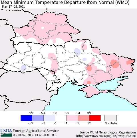 Ukraine, Moldova and Belarus Mean Minimum Temperature Departure from Normal (WMO) Thematic Map For 5/17/2021 - 5/23/2021