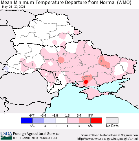 Ukraine, Moldova and Belarus Mean Minimum Temperature Departure from Normal (WMO) Thematic Map For 5/24/2021 - 5/30/2021