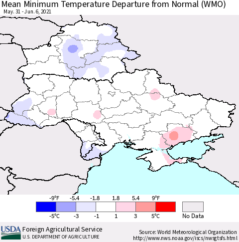 Ukraine, Moldova and Belarus Mean Minimum Temperature Departure from Normal (WMO) Thematic Map For 5/31/2021 - 6/6/2021
