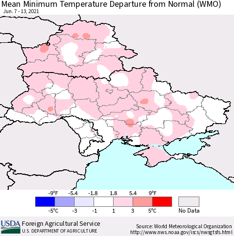 Ukraine, Moldova and Belarus Mean Minimum Temperature Departure from Normal (WMO) Thematic Map For 6/7/2021 - 6/13/2021