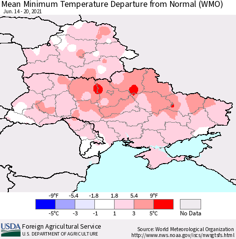 Ukraine, Moldova and Belarus Mean Minimum Temperature Departure from Normal (WMO) Thematic Map For 6/14/2021 - 6/20/2021