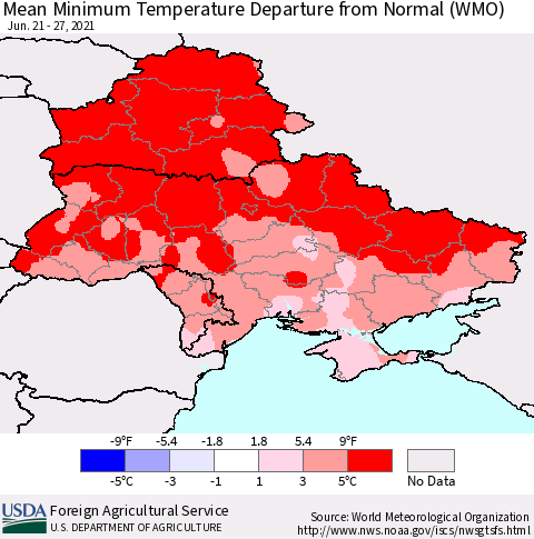 Ukraine, Moldova and Belarus Mean Minimum Temperature Departure from Normal (WMO) Thematic Map For 6/21/2021 - 6/27/2021