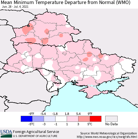 Ukraine, Moldova and Belarus Mean Minimum Temperature Departure from Normal (WMO) Thematic Map For 6/28/2021 - 7/4/2021