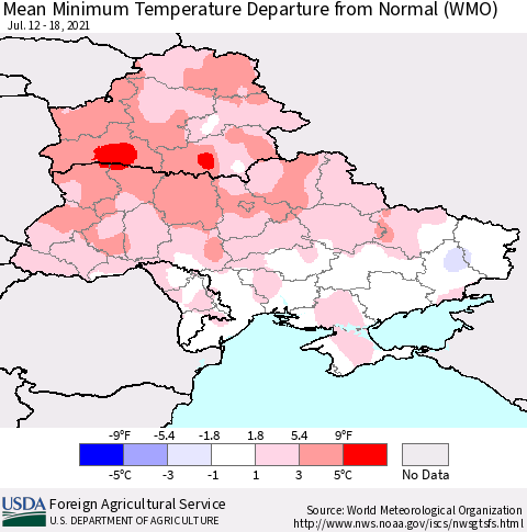 Ukraine, Moldova and Belarus Mean Minimum Temperature Departure from Normal (WMO) Thematic Map For 7/12/2021 - 7/18/2021