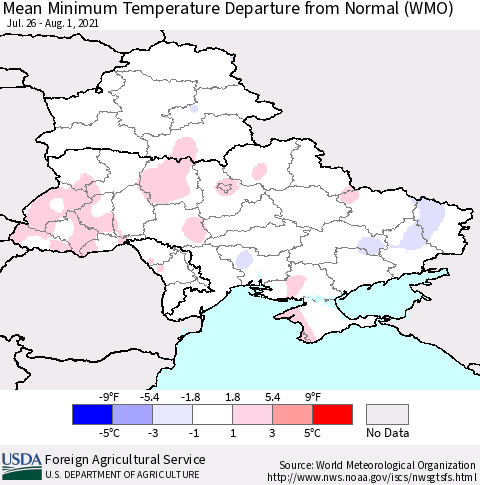 Ukraine, Moldova and Belarus Mean Minimum Temperature Departure from Normal (WMO) Thematic Map For 7/26/2021 - 8/1/2021