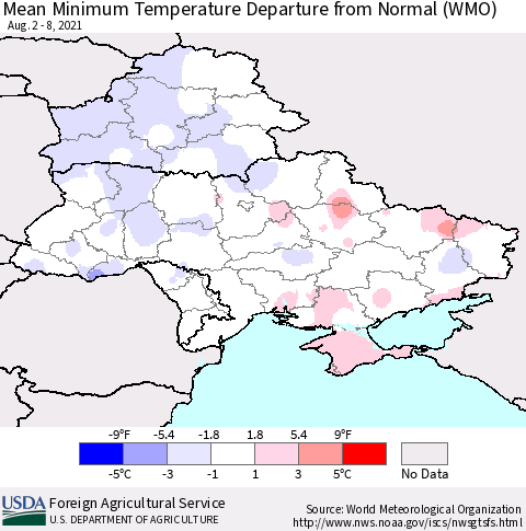 Ukraine, Moldova and Belarus Minimum Temperature Departure From Normal (WMO) Thematic Map For 8/2/2021 - 8/8/2021