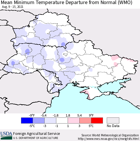 Ukraine, Moldova and Belarus Mean Minimum Temperature Departure from Normal (WMO) Thematic Map For 8/9/2021 - 8/15/2021