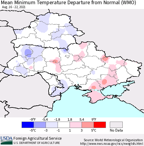 Ukraine, Moldova and Belarus Mean Minimum Temperature Departure from Normal (WMO) Thematic Map For 8/16/2021 - 8/22/2021
