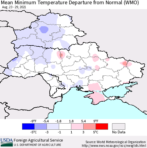 Ukraine, Moldova and Belarus Mean Minimum Temperature Departure from Normal (WMO) Thematic Map For 8/23/2021 - 8/29/2021
