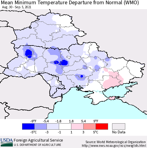 Ukraine, Moldova and Belarus Mean Minimum Temperature Departure from Normal (WMO) Thematic Map For 8/30/2021 - 9/5/2021