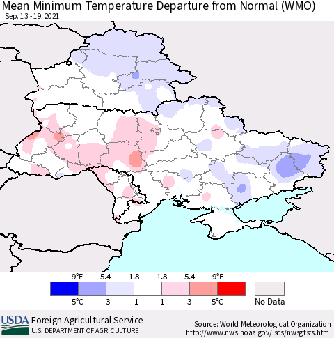 Ukraine, Moldova and Belarus Mean Minimum Temperature Departure from Normal (WMO) Thematic Map For 9/13/2021 - 9/19/2021
