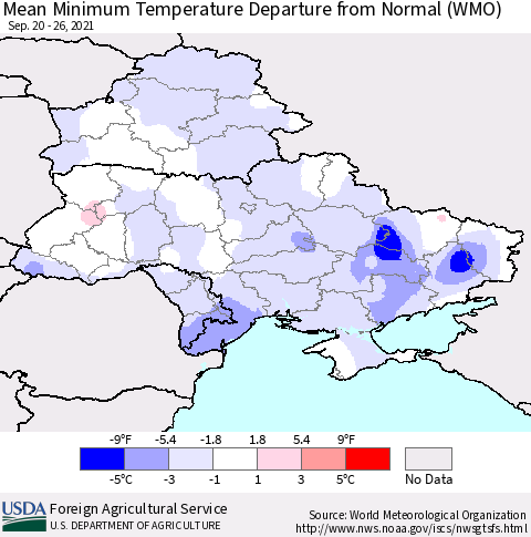 Ukraine, Moldova and Belarus Minimum Temperature Departure From Normal (WMO) Thematic Map For 9/20/2021 - 9/26/2021