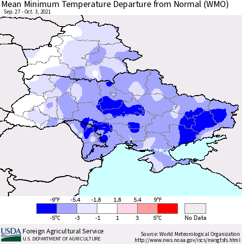 Ukraine, Moldova and Belarus Minimum Temperature Departure From Normal (WMO) Thematic Map For 9/27/2021 - 10/3/2021