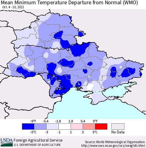 Ukraine, Moldova and Belarus Mean Minimum Temperature Departure from Normal (WMO) Thematic Map For 10/4/2021 - 10/10/2021