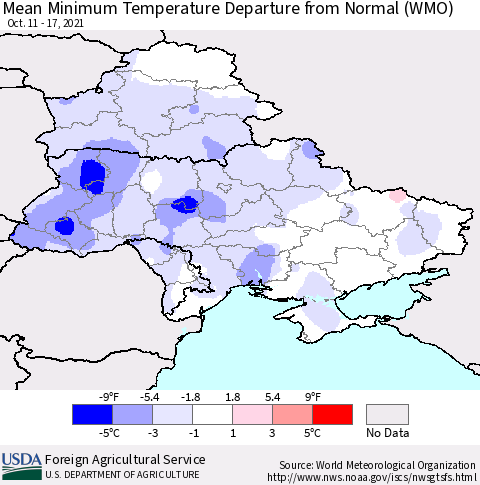 Ukraine, Moldova and Belarus Mean Minimum Temperature Departure from Normal (WMO) Thematic Map For 10/11/2021 - 10/17/2021