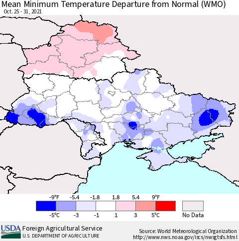Ukraine, Moldova and Belarus Mean Minimum Temperature Departure from Normal (WMO) Thematic Map For 10/25/2021 - 10/31/2021
