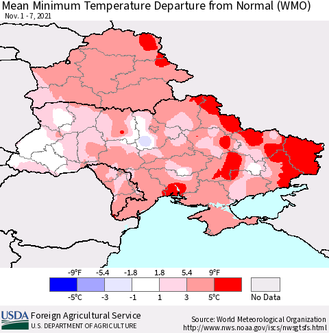 Ukraine, Moldova and Belarus Mean Minimum Temperature Departure from Normal (WMO) Thematic Map For 11/1/2021 - 11/7/2021