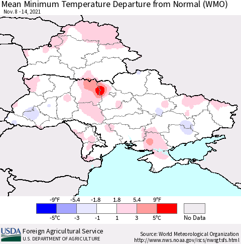 Ukraine, Moldova and Belarus Mean Minimum Temperature Departure from Normal (WMO) Thematic Map For 11/8/2021 - 11/14/2021