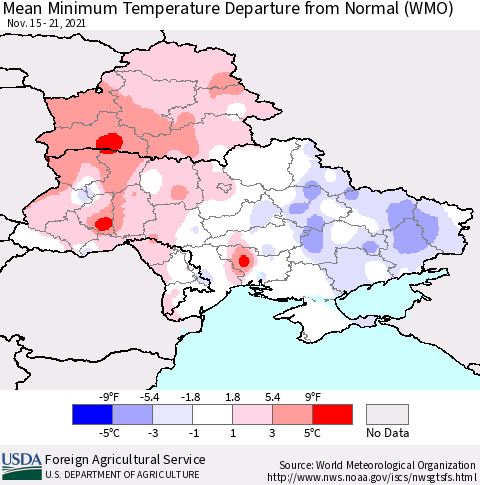 Ukraine, Moldova and Belarus Mean Minimum Temperature Departure from Normal (WMO) Thematic Map For 11/15/2021 - 11/21/2021