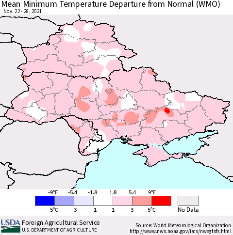Ukraine, Moldova and Belarus Minimum Temperature Departure From Normal (WMO) Thematic Map For 11/22/2021 - 11/28/2021