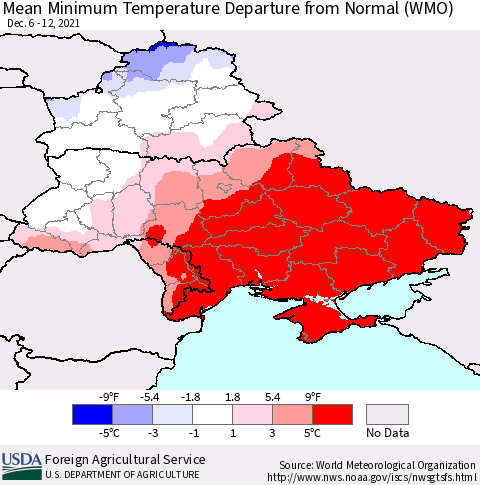 Ukraine, Moldova and Belarus Minimum Temperature Departure From Normal (WMO) Thematic Map For 12/6/2021 - 12/12/2021