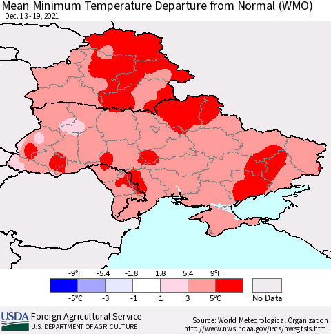 Ukraine, Moldova and Belarus Mean Minimum Temperature Departure from Normal (WMO) Thematic Map For 12/13/2021 - 12/19/2021