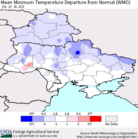Ukraine, Moldova and Belarus Mean Minimum Temperature Departure from Normal (WMO) Thematic Map For 12/20/2021 - 12/26/2021