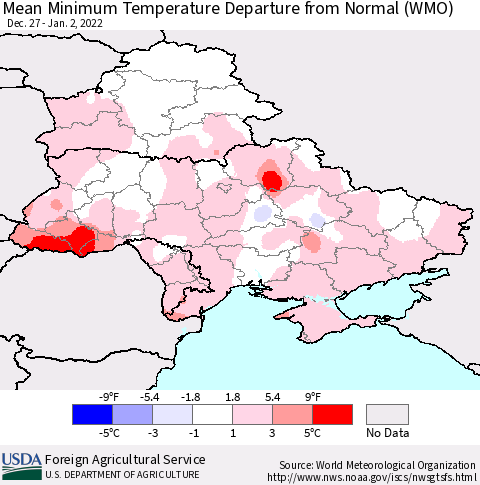 Ukraine, Moldova and Belarus Mean Minimum Temperature Departure from Normal (WMO) Thematic Map For 12/27/2021 - 1/2/2022