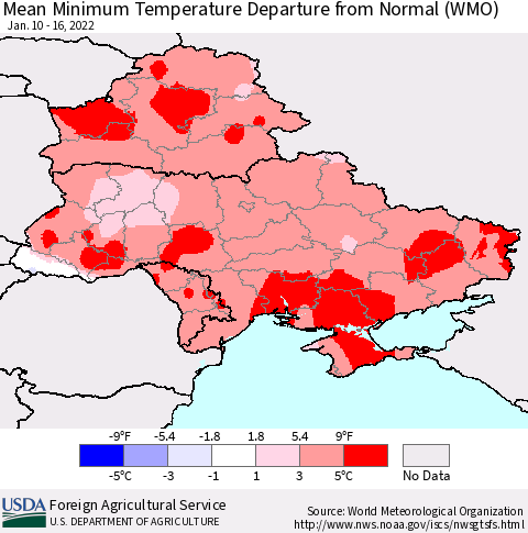 Ukraine, Moldova and Belarus Mean Minimum Temperature Departure from Normal (WMO) Thematic Map For 1/10/2022 - 1/16/2022