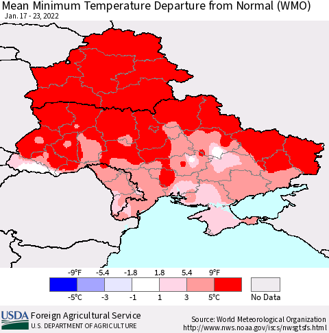 Ukraine, Moldova and Belarus Mean Minimum Temperature Departure from Normal (WMO) Thematic Map For 1/17/2022 - 1/23/2022