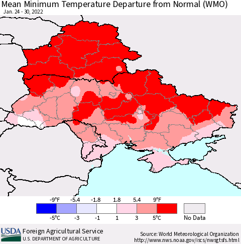 Ukraine, Moldova and Belarus Mean Minimum Temperature Departure from Normal (WMO) Thematic Map For 1/24/2022 - 1/30/2022