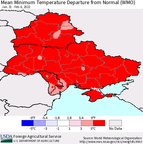 Ukraine, Moldova and Belarus Mean Minimum Temperature Departure from Normal (WMO) Thematic Map For 1/31/2022 - 2/6/2022