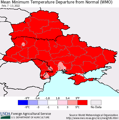Ukraine, Moldova and Belarus Mean Minimum Temperature Departure from Normal (WMO) Thematic Map For 2/7/2022 - 2/13/2022