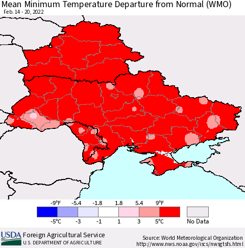 Ukraine, Moldova and Belarus Mean Minimum Temperature Departure from Normal (WMO) Thematic Map For 2/14/2022 - 2/20/2022