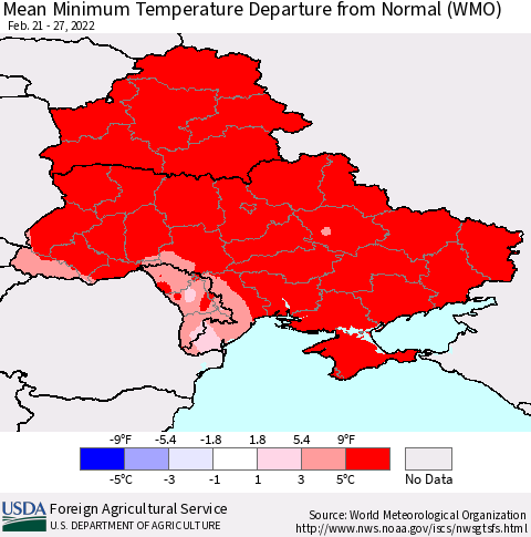 Ukraine, Moldova and Belarus Mean Minimum Temperature Departure from Normal (WMO) Thematic Map For 2/21/2022 - 2/27/2022
