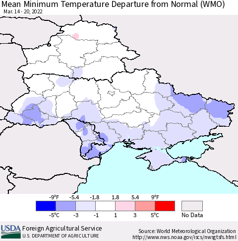 Ukraine, Moldova and Belarus Mean Minimum Temperature Departure from Normal (WMO) Thematic Map For 3/14/2022 - 3/20/2022
