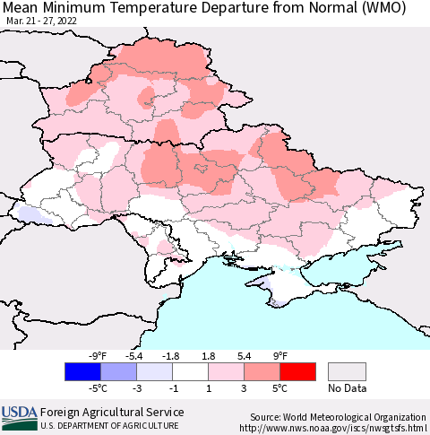Ukraine, Moldova and Belarus Mean Minimum Temperature Departure from Normal (WMO) Thematic Map For 3/21/2022 - 3/27/2022