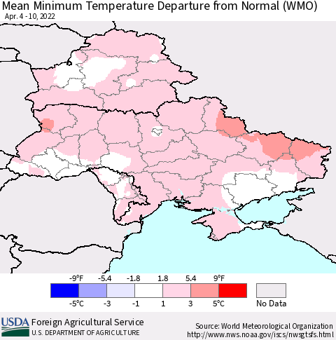 Ukraine, Moldova and Belarus Mean Minimum Temperature Departure from Normal (WMO) Thematic Map For 4/4/2022 - 4/10/2022