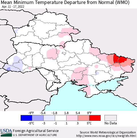 Ukraine, Moldova and Belarus Mean Minimum Temperature Departure from Normal (WMO) Thematic Map For 4/11/2022 - 4/17/2022