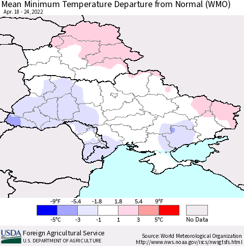 Ukraine, Moldova and Belarus Mean Minimum Temperature Departure from Normal (WMO) Thematic Map For 4/18/2022 - 4/24/2022
