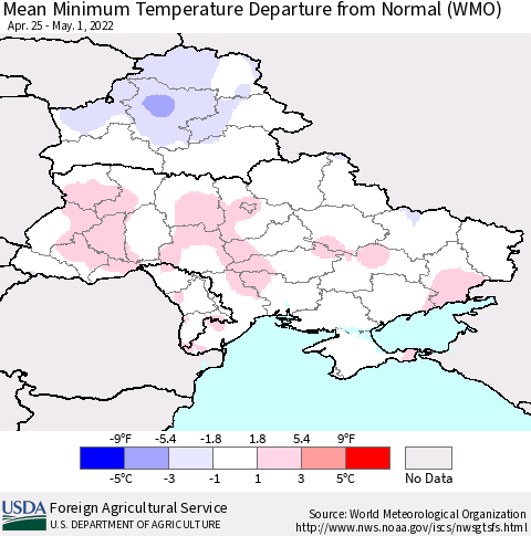 Ukraine, Moldova and Belarus Mean Minimum Temperature Departure from Normal (WMO) Thematic Map For 4/25/2022 - 5/1/2022